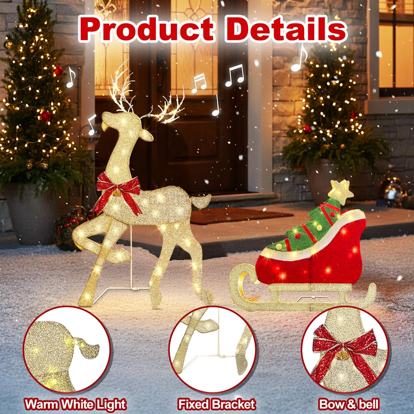 EAMBRITE Christmas Decorations Outdoor, 42 Inch Christmas Reindeer & Sled with 117 Warm White Lights, Motion Sensor 2D Music Lighted Deer Christmas Decor for Xmas Tree Lawn Porch Garden