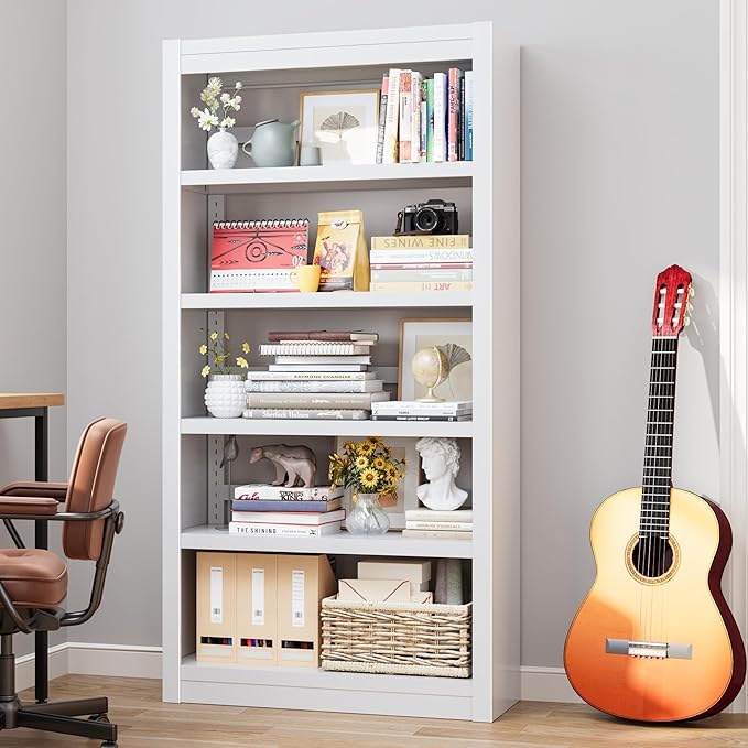 69" Metal Bookshelf and Bookcase | 5-Tier Adjustable Shelves, Deep Modern Storage Shelf for Living Room, Office, Bedroom (White)