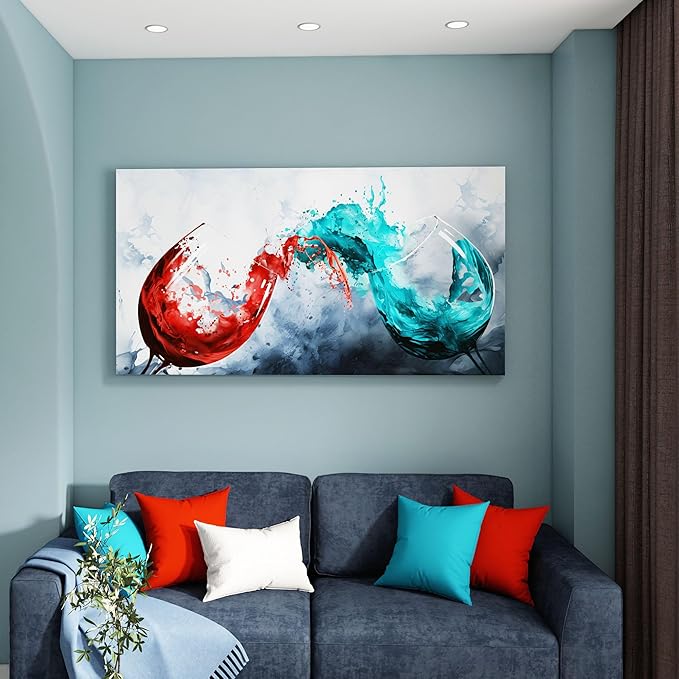Pogusmavi Dining Room Wall Art Wine Glass Canvas Wall Pictures Kitchen Art Wall Decor Blue & Red Wine Cups Painting Modern Wall Art for Living Room Office Artwork Wall Decor 24x48IN