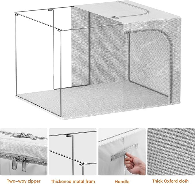 3 Pack Clothes Storage Bins with Metal Frame, Stackable & Foldable Linen Storage Box with Lids, Closet Organizers And Storage For Bedding, Blanket, Sweater, Baby Clothes. (Large 66L)