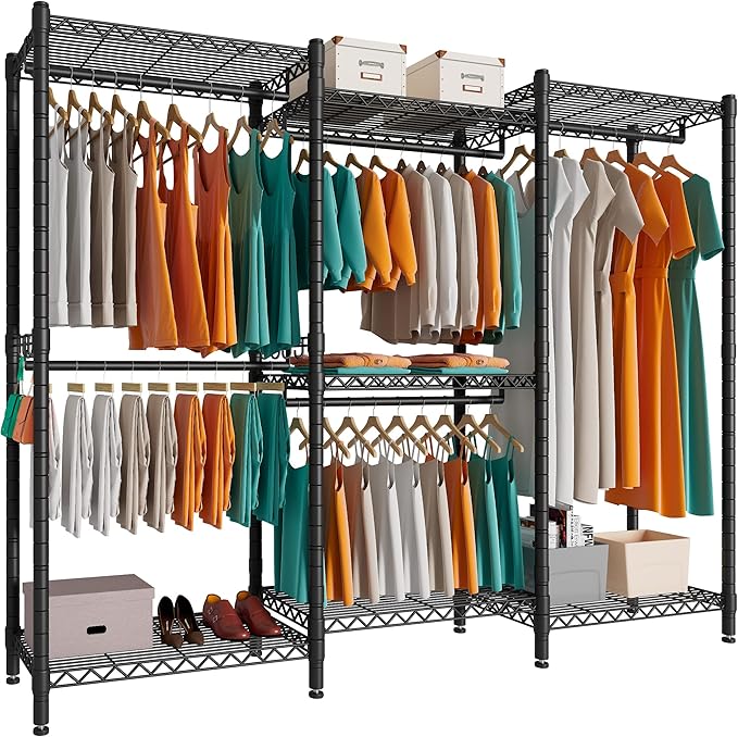 PUNION GR7 Plus Large Portable Closet Wardrobe Heavy Duty Clothes Rack, Freestanding Wardrobe Closet with 5 Hang Rods & 7 Shelves, 2 Hooks, Adjustable Clothing Rack, 86"L x 18”W x 77”H, 1500LBS, Black