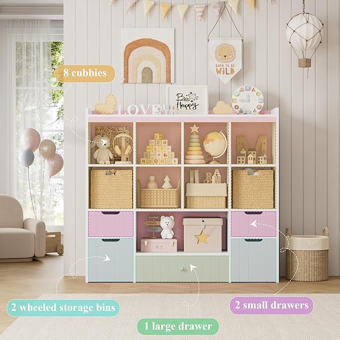HORSTORS 48" W Kids Toy Storage Organizer, Large Toy Storage Chest with Removable Bins, 46" H Kids Bookshelf and Bookcase with Drawers for Boys and Girls, Modern Toy Box for Playroom, Classroom, Pink