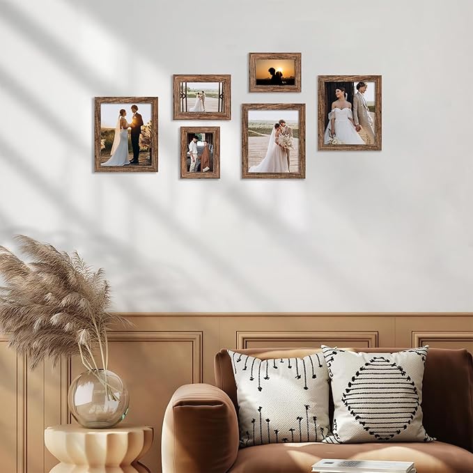 5x7 Picture Frame Set of 4, High Definition Glass Brown Frame, 5 x 7 Wood Rustic Picture Frames for Horizontal or Vertical Table Top and Wall Mounting