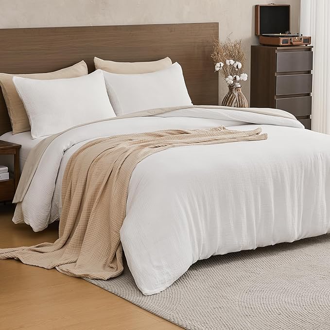 EMME Muslin Cotton Duvet Cover Set Cream White Queen Size Linen Like Soft Breathable Lightweight Summer Comforter Cover Set with Zipper Closure (Cream White, Queen, 90"x90")