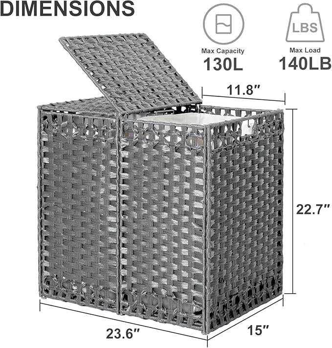 130L Foldable Laundry Hamper with Lid - Handwoven Rattan Storage Basket, 2-Section Clothes Hamper w/2 Removable Liner Bags, Easy Assembly, Portable for Bedroom Bathroom Dorm,Grey