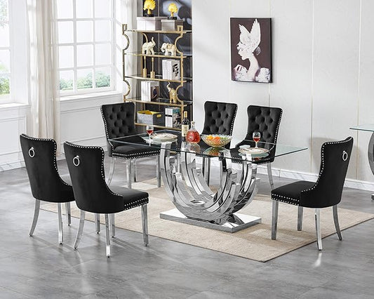 7 Piece Dining Table Set with 6 Black Dining Chairs, Modern Glass Kitchen Table and Chairs Set for 6, 70" Rectangle Silver Glass Pedestal Dining Room Tables with Ring-Shape Stainless Steel Base