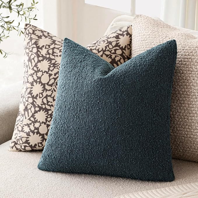 Foindtower Pack of 2 Textured Boucle Throw Pillow Covers Accent Solid Pillow Cases Cozy Soft Decorative Couch Cushion Case for Chair Sofa Bedroom Living Room Home Decor 20x20 Inch Dark Blue