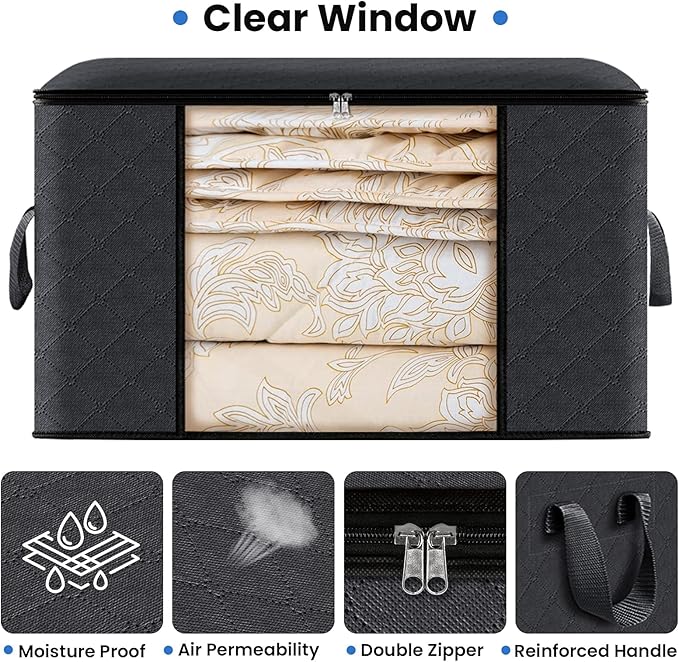 Fab totes 4 Pack Clothes Storage, Foldable Thick Fabric Blanket Storage Bags, Containers for Organizing Bedroom, Closet, Clothing, Comforter,Closet Organization with Handle,Black