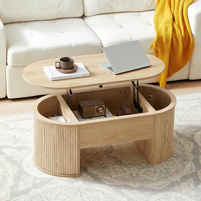 QHITTY Fluted Coffee Table with Lifting Top, Oval Wood Lift Top Coffee Table with Hidden Compartment, Mid Century Pull up Center Tables for Living Room, Office - Natural