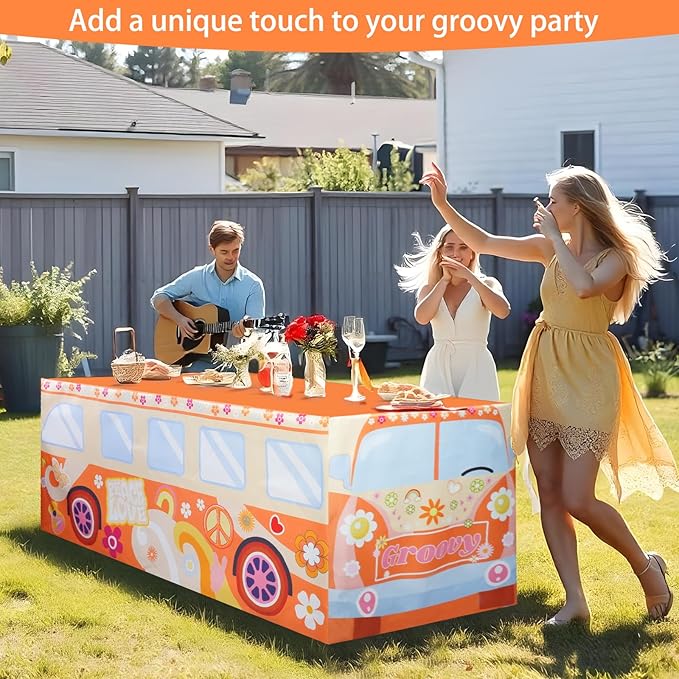8Ft Groovy Bus Tablecloth,Hippie Birthday Party Decorations for 60s 70s Boho Themed Birthday,Baby Shower,Carnival Party Decorations