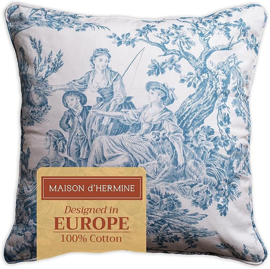 Maison d' Hermine Decorative Pillow Covers 20x20 Inch Square 100% Cotton Throw Pillow Covers with Invisible Zipper Cushion Case for Living Room Couch, Chair, Sofas, Bedroom, Home (The Miller - Denim)