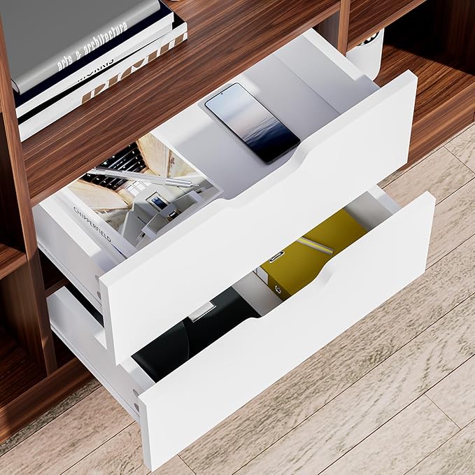 Cozy Castle Kids Bookshelf with Storage, Toy Storage Organizer with 2 Drawers and 10 Cubes 4-Tier Bookcase for Bedroom, Playroom, Hallway, Living Room(Brown & White)