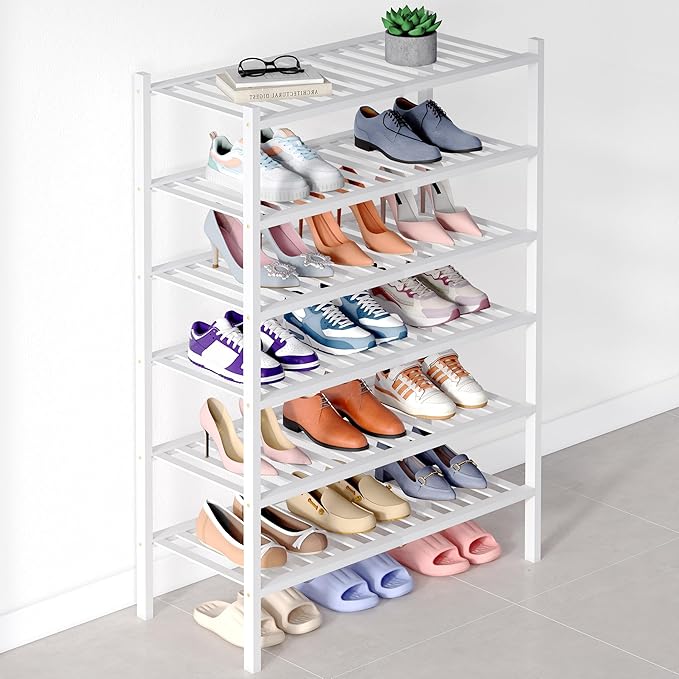 Smiry Bamboo Shoe Rack for Closet, 6 Tier Wooden Stackable Shoe Organizer, Free Standing Shoes Storage Shelf for Entryway, Front Door Entrance, White