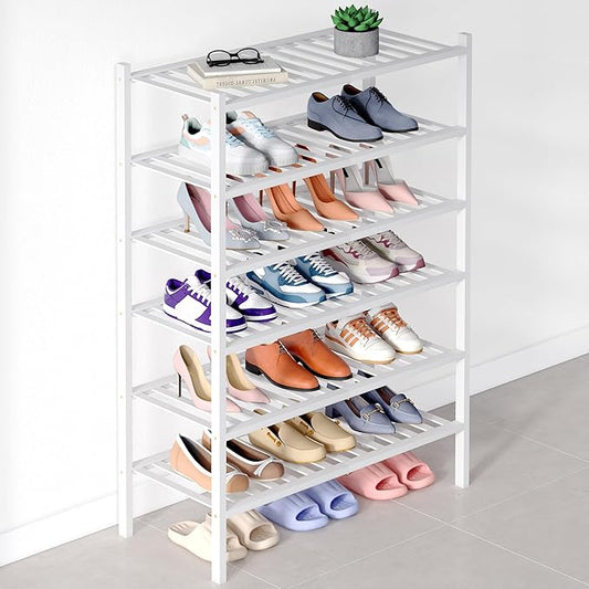 Smiry Bamboo Shoe Rack for Closet, 6 Tier Wooden Stackable Shoe Organizer, Free Standing Shoes Storage Shelf for Entryway, Front Door Entrance, White