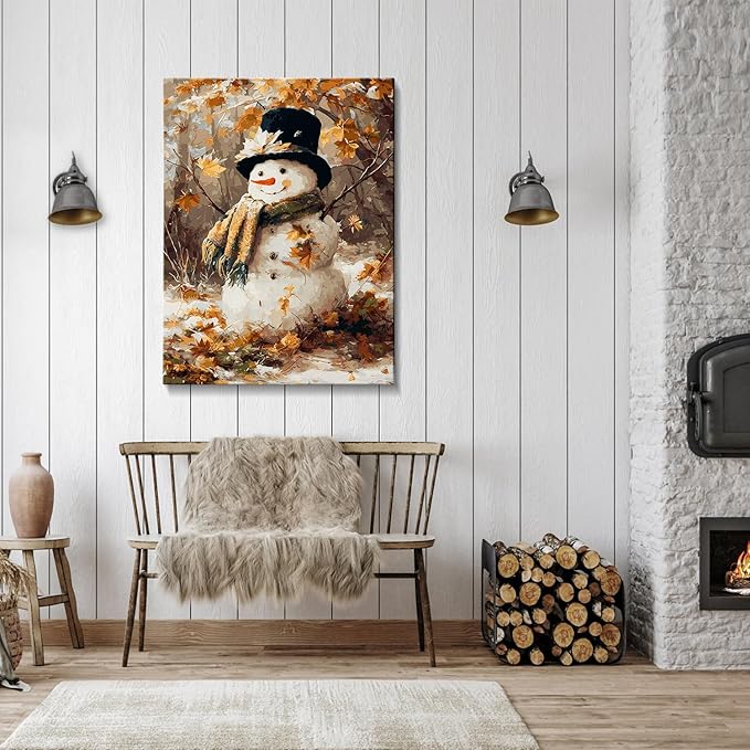 Vintage Snowman in Forest Christmas Canvas Wall Art - Rustic Winter Landscape Framed Print for Living Room, Cozy Christmas Wall Decor, Ideal Christmas Gifts & Festive Winter Decor
