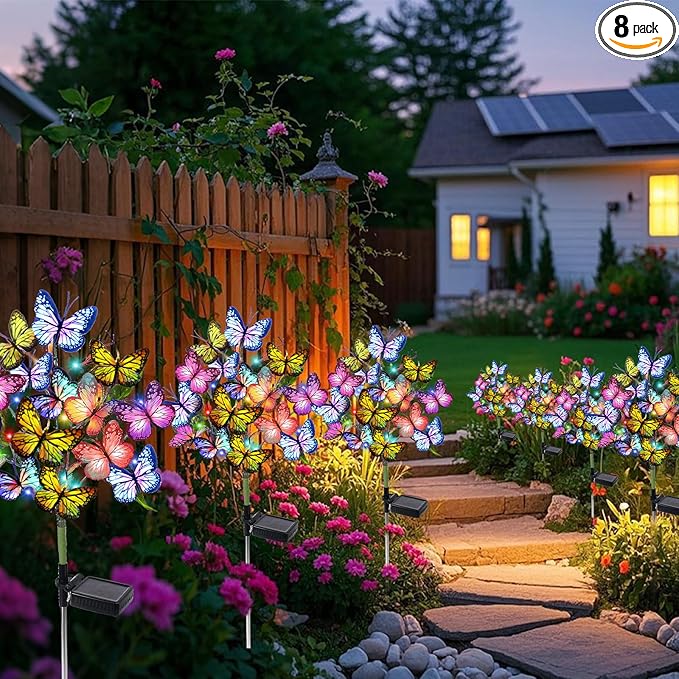 Solar Garden Lights Outdoor Waterproof Decorative Solar Lights Outdoor 8 Pack with 176 LED 136 Butterfly Flower Garden Decor Yard Decorations Patio Lawn, Gifts for Mother's Day Mom Women