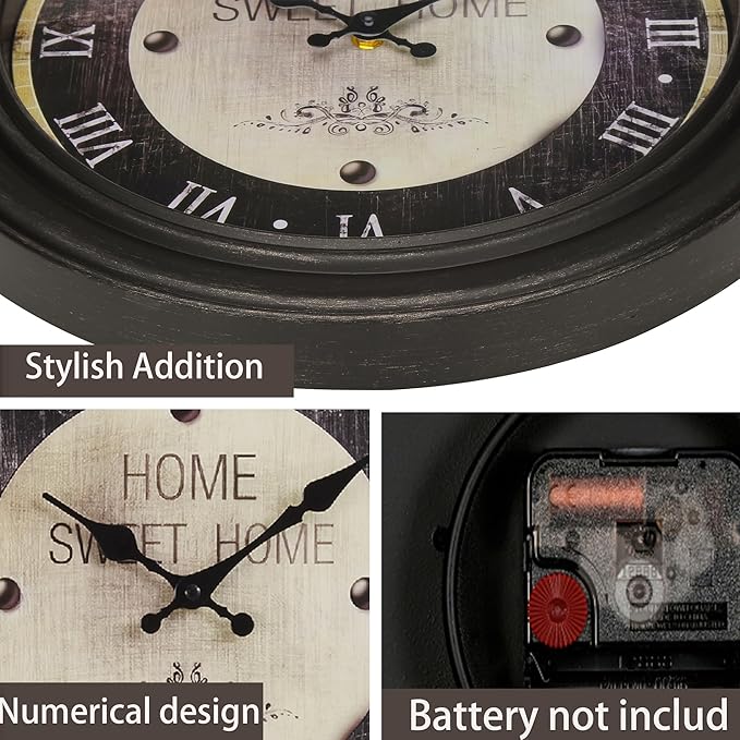16 Inch Vintage Wall Clock, Silent Non-Ticking Quartz Battery Operated Decorative Clock for Home, Kitchen, Living Room, Dining Room, Office, Dark Brown Roman Number