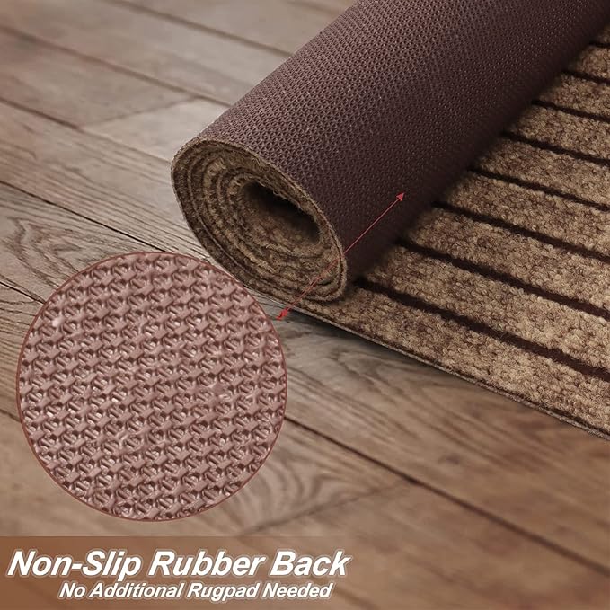 4' x 43' Runner Rugs with Rubber Backing, Indoor Outdoor Utility Carpet Runner Rugs, Stripe Brown, Can Be Used as Aisle for The RV and Boat, Laundry Room and Balcony