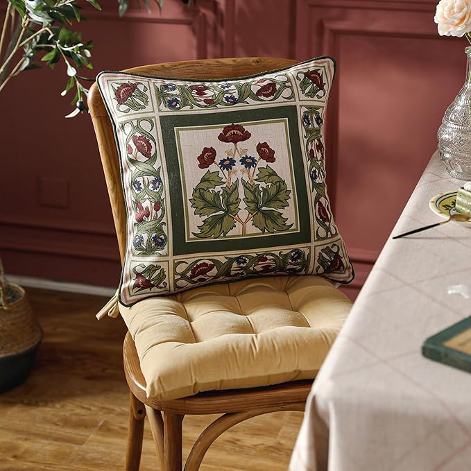 Design Linen Square Throw Pillow Covers 18"x18" Pack of 2, Yellow Green French Cushion Covers with Red Rose Floral Pattern Decoration Pillowcases for Bed, Living Room, Outdoor, Car