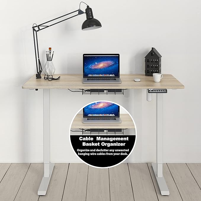 SHW 48-Inch Electric Height Adjustable Sit to Stand Desk with Hanging Hooks and Cable Management, White Frame and Maple Top