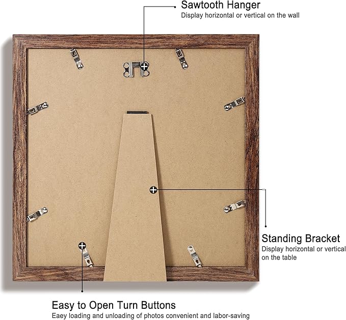 12x12 Picture Frame Set of 4 with Tempered Glass, Rustic Frame Display 10x10 Pictures with Mat or 12 x 12 Without Mat, Wood Square Photo Frames for Desktop Display and Wall Mount