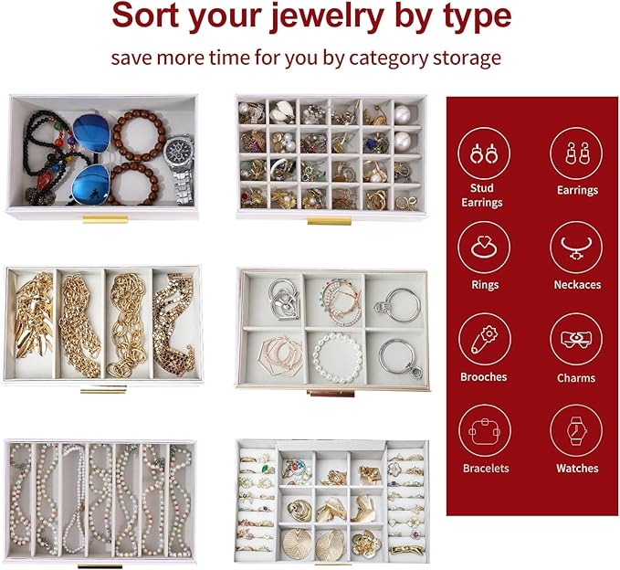BOOVO Jewelry Boxes for Women, White and Black 6 Layer Large Jewelry Box for Necklace, Bracelet, Earrings, Rings Storage, Jewelry holder Organizer for Girls Gift (Gold, 6 layer)