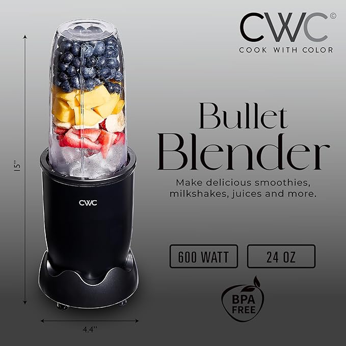 COOK WITH COLOR Personal Power Blender 600W, 24oz Capacity, BPA-Free Jar, Ice-Crushing Blades, Ideal for Smoothies & More, Anti-Slip Feet, Easy to Clean, Black