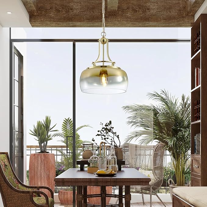 WUZUPS Gold Chandelier Rustic Farmhouse Industrial Round Ceiling Pendant LED Light Fixture with Gradient Glass Shade for Dining Room Kitchen Island Foyer Entryway, H 17" W 13.4", E26 Base