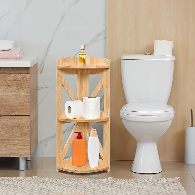 Corner Shelf Stand, Corner Bookshelf, Small Corner Shelves by Natural Wood, Plant Stand, Corner Bookcase for Living Room, Home Office, Bedroom, (Natural, 3 Tier)