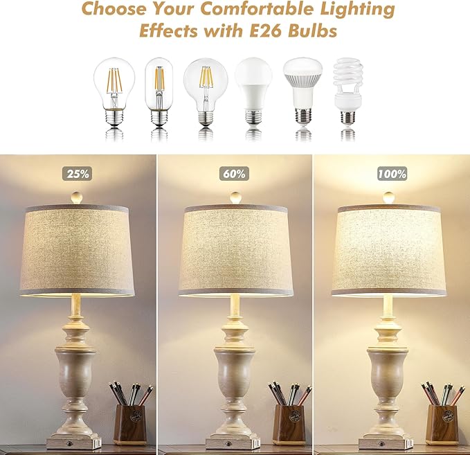 27.5" Set of 2 Farmhouse Table Lamps for Bedroom, 3 Way Dimmable Bedside Lamp with 2 USB +AC Outlet Nightstand Lamps for Living Room Resin Rustic Touch Lamps (Antique Beige)