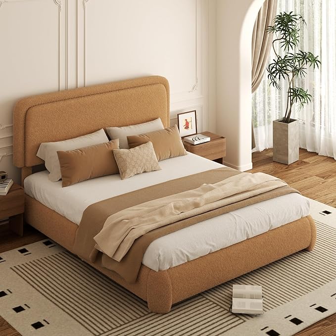 Queen Bed Frame, Teddy Velvet Boucle Bed Frame with 43.3"/45.3" Adjustable Upholstered Headboard, Rounded Corners, Mattress Foundation, No Box Spring Required, Brown
