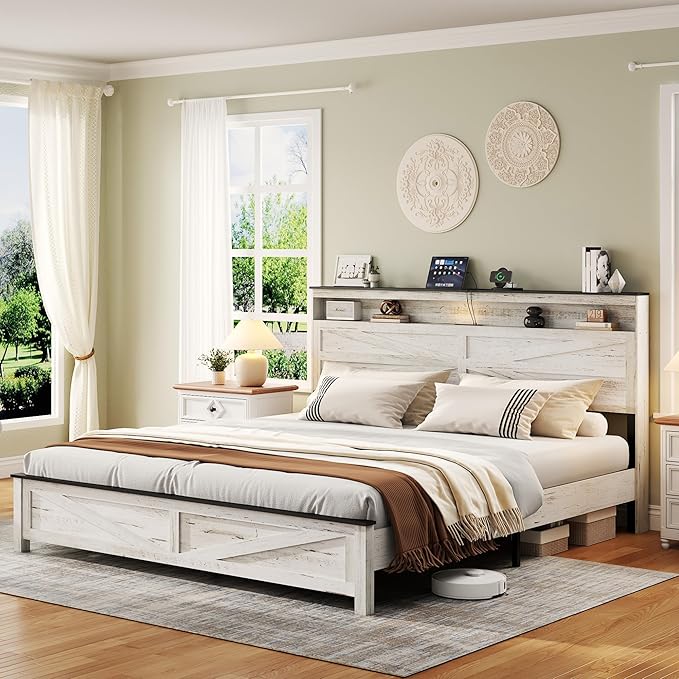 Farmhouse King Size Bed Frame with Headboard Storage Shelf, Wood Platform Bed Frame with LED Lights & Charging Station, Rustic White Metal Bed, No Box Spring Needed, Noise-Free Sturdy Structure