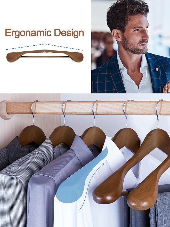 HOUSE DAY Wood Suit Hangers for Men, Smooth Wide Shoulder Wooden Hanger with Non Slip Pant Holder, Wide Hangers for Suits, Coats, Jackets, Heavy Wide Clothes Hanger 2 Pack, Walnut