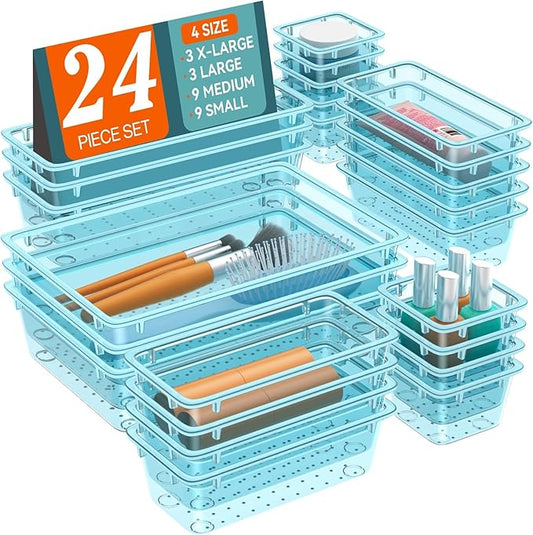 WOWBOX 24 PCS Plastic Drawer Organizer Set, 4 Sizes Desk Drawer Organization and Storage Containers for Makeup, Cosmetics, Jewelry and Gadgets in Kitchen, Bathroom, Bedroom, Office, Clear Sea Blue