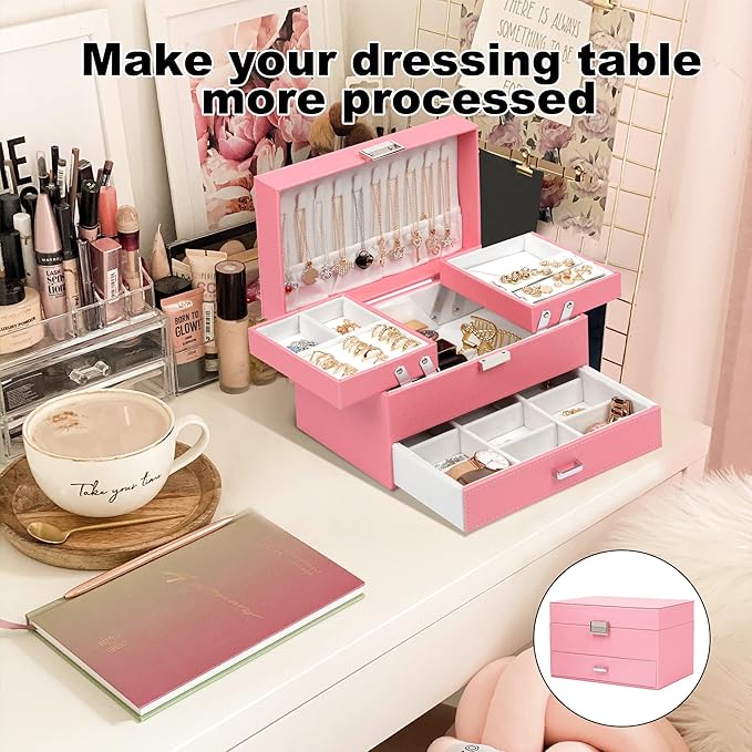Dajasan Jewelry Box for Girls Women, PU Leather Jewelry Organizer Box, 3 Layers Jewelry Gift Box for Christmas, Valentine's Day, Birthday, Mother's Day (Pink)