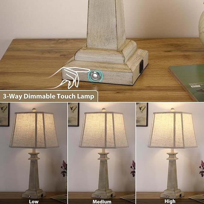 27.5" Table Lamps Set of 2, 3-Way Dimmable Touch Lamps for Nightstand, Farmhouse Table Lamp for Living Room and Bedroom with USB A+C Charging Ports, Bulbs Included (Antique White)