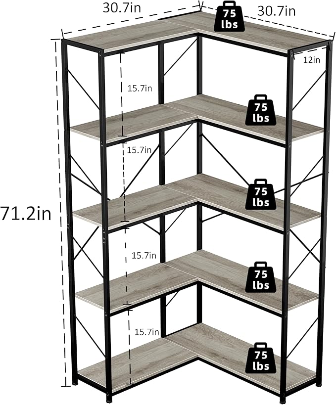 Shintenchi 5 Tier Corner Bookshelf,L Shaped Bookcase,Large Etagere Bookcase,Corner Shelf Display Storage Rack with Metal Frame for Living Room Bedroom Office,Grey