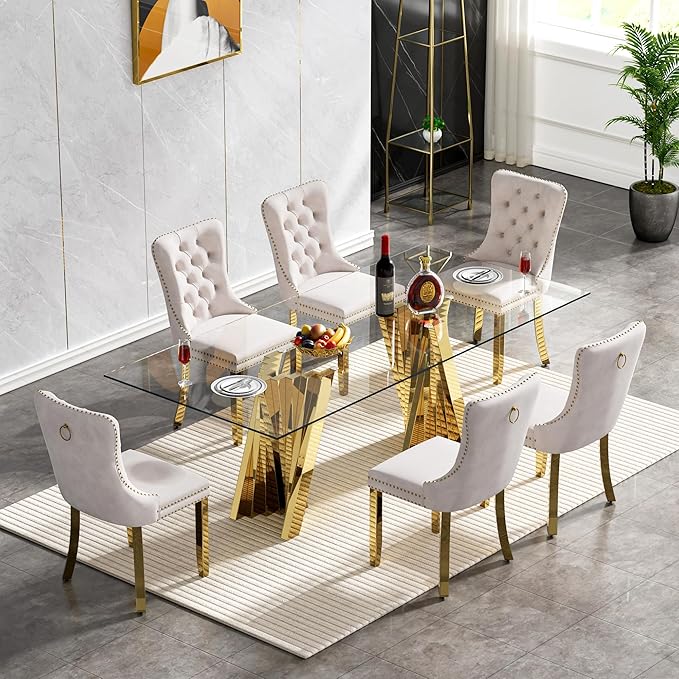 7 Piece Dining Table Set with 6 Beige Dining Chairs, Modern Glass Kitchen Table and Chairs Set for 6, 70" Rectangle Gold Glass Pedestal Dining Room Tables with Flash-Shape Stainless Steel Base