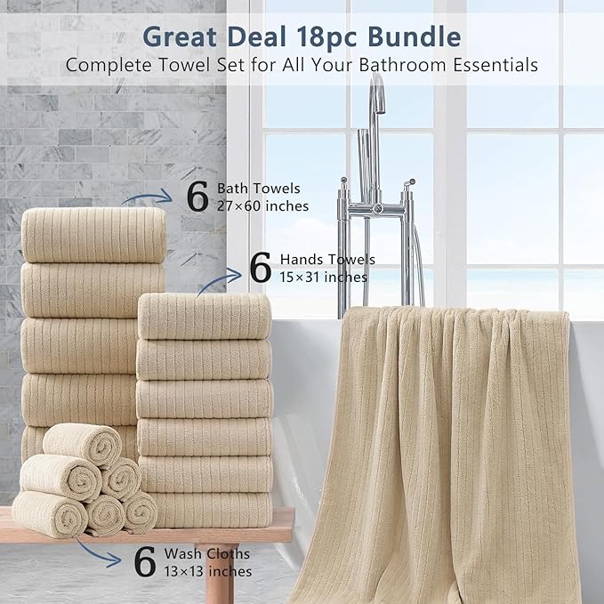 18 Piece Bath Towels Set,Ultra Soft Family Bathroom Towel Set with Hanging Loops-6 Bath Towels,6 Hand Towels,6 Washcloths,Highly Absorbent Quick Dry Shower Towel for Bathroom,Hotel,Spa-Beige Towel Set