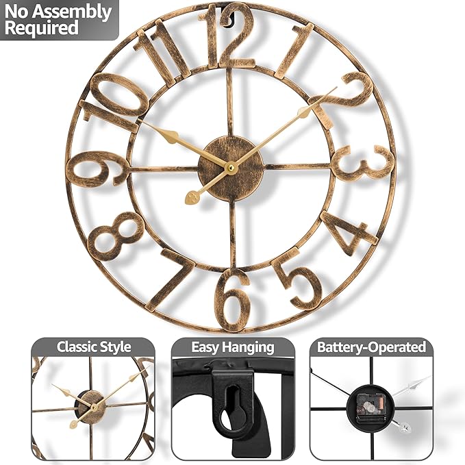 Sorbus 16-Inch Large Wall Clock – Decorative Brown Metal Clock with Gold Hands – Silent, Battery Operated, Modern Wall Decor for Living Room, Kitchen, or Office - Great Gift for Housewarming or Office