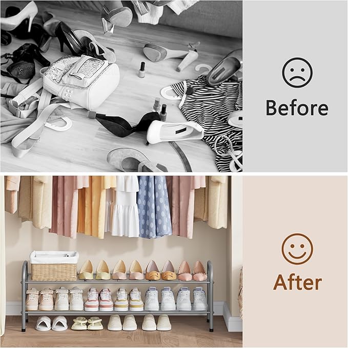 Hoctieon 2 Tier Shoe Rack for Closet, Durable Mesh Style Shoe Rack, Entryway Shoe Shelf, Shoe Storage Organizer for Hallway, Bedroom, Living Room, Wardrobe, Grey