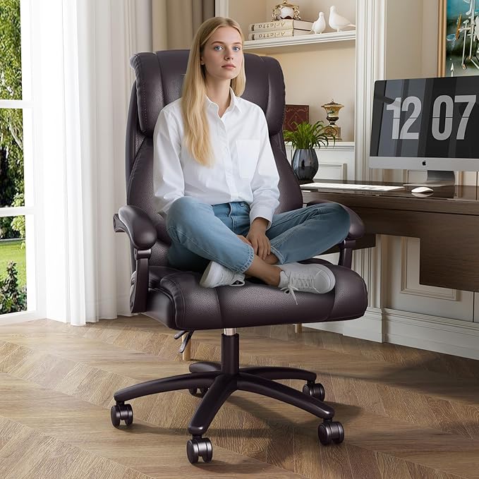 Reclining Office Chair,Recling 90-155°,Ergonomic Office Chair with Lumbar Suppot,Big and Tall Leather Desk Chair,High Back Executive Chair(Brown)