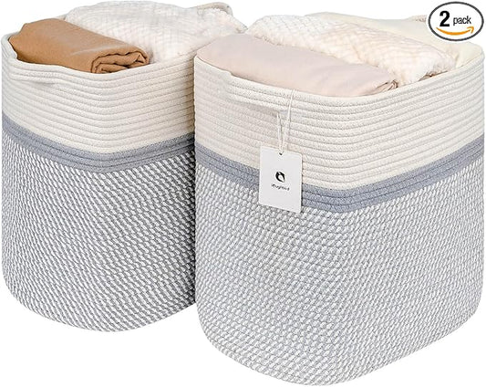 Storage Baskets for Clothes Fabric Cotton Rope Storage Basket with Handles, Decorative Woven Basket for Living Room,Closet Organizer Blankets, and 2bags (White/Gray, L16×W11.4×H15.9)
