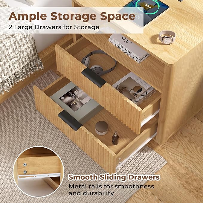 Hommpa 24'' Fluted Nightstand Set of 2 with Charging Station, Modern Bedside Table with Storage, 2 Drawer Beside End Table with Open Shelf, Mid Century Modern Wood Night Stand for Bedroom, Living Room