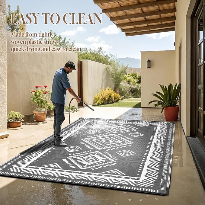 OMERAI Reversible Waterproof Outdoor Rug for Backyard,Plastic Textured Resistant Outdoors Rugs,Portable Washable Easy Cleaning Foldable Camping Beach Carpet for Patio Courtyard, 8'x10' Gray & White