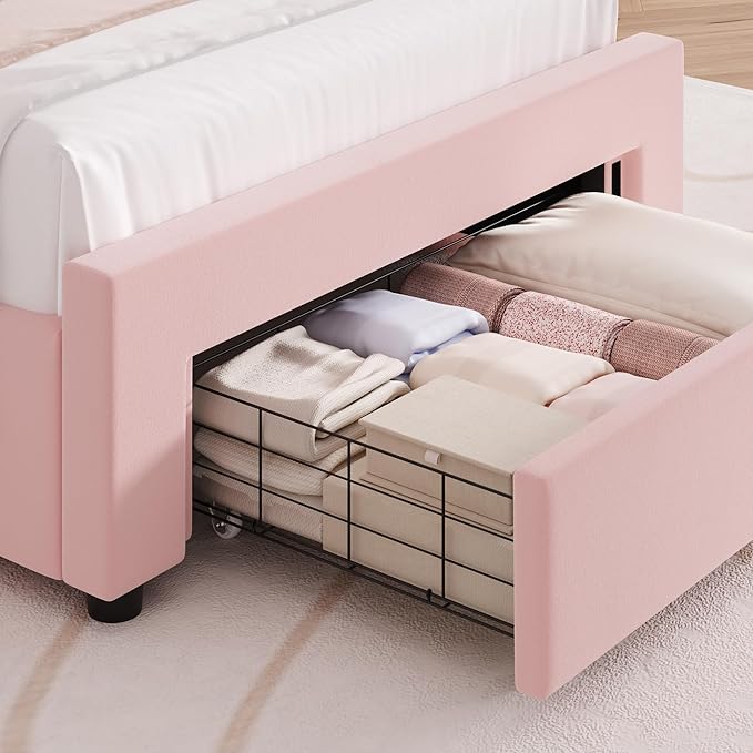 HITHOS Twin Upholstered LED Bed Frame with Storage Drawer, Velvet Kids Bed with Wingback Headboard, Princess Twin Platform Bed for Girls/Kids, Solid Wood Slats Support, No Box Spring Needed, Pink