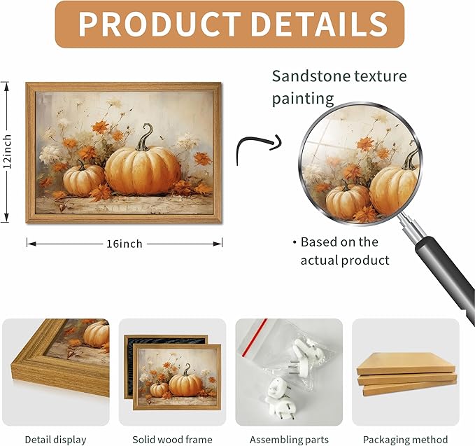Framed Vintage Halloween Pumpkin Wall Art – 3D Texture Harvest Pumpkins Pictures Fall Wall Decor for Living Room, Rustic Autumn Pumpkin Art Prints for Kitchen, Bedroom, Home or Party – 16x24in