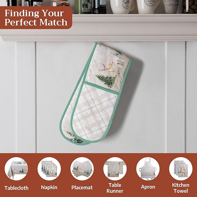 Maison d' Hermine Double Oven Mitt (7" x 35") 100% Cotton Heat Resistant BBQ Cooking Gloves with Loop for Thanksgiving Christmas Decorations Baking Cooking Handling Hot Pan (Deer in The Woods)