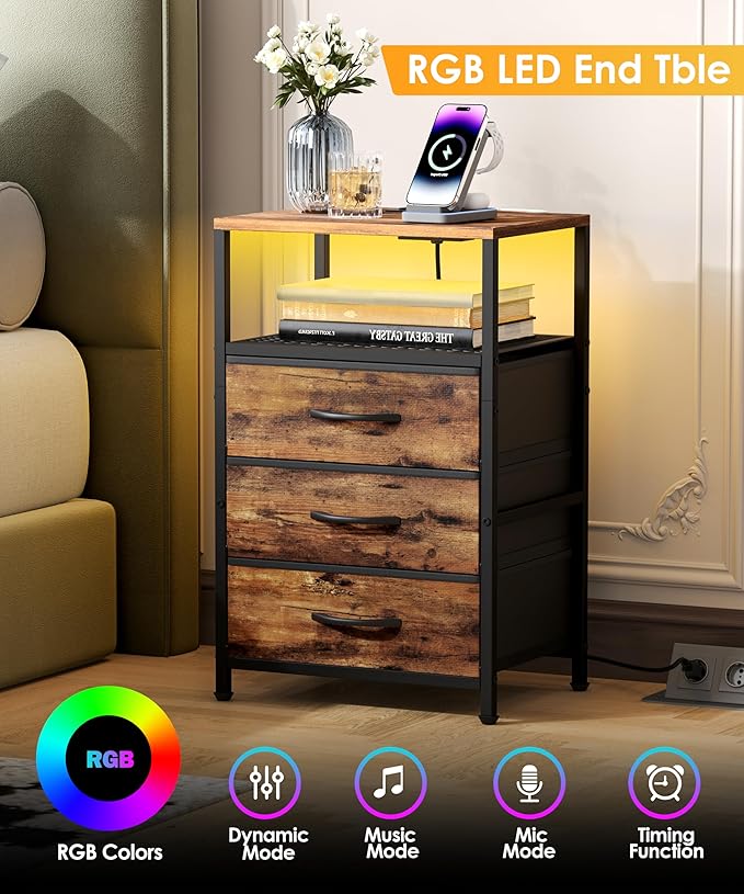 End Table with Charging Station, 11" D x 15" W Night Stand with LED Light, Nightstand with Fabric Drawers, Bedside Table with Open Shelf, Side Table for Bedroom, Living Room, Rustic Brown