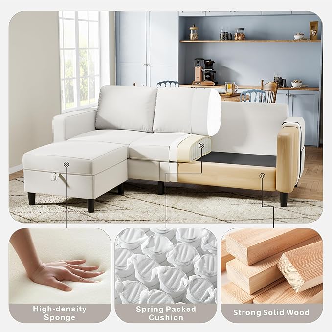 Sectional Sofa Couches for Living Room - Beige 3 Seat L-Shaped Couch with Storage Ottoman, Comfy Linen Convertible Sectionals Sofas with Chaise for Apartment, Office, Small Space